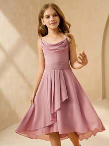 SHEIN Elegant Flower Girl Dress For Wedding, Party, Pageant, Sizes For Tween Girl, Chiffon Spaghetti Strap Ruffle Prom Gown, Girls Princess Style Ball Gown - Pink - View 7