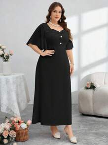 Modelyn 女式加大码优雅纯色短袖荷叶边纽扣设计连衣裙 - 黑色 - 查看 4