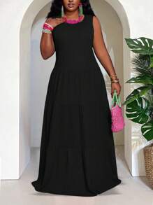 Slaydiva 大码夏季纯色圆领简约吊带背心连衣裙