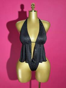 Slaydiva 2025春夏新款波西米亚音乐节休闲日常个性街头嘻哈派对性感甜美可爱千禧Y2K黑色无弹力露背镂空抽绳露背不对称波点亮片热转印背心搭配紧身迷你三角短裤泳衣套装 - 黑色 - 查看 7