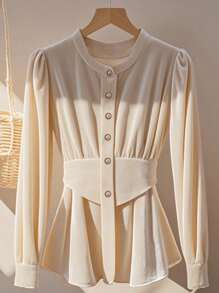 SHEIN LUNE 女士纯色褶皱前扣优雅长袖衬衫 - 杏色 - 查看 1