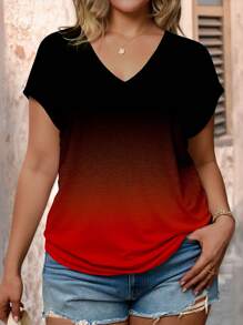 SHEIN LUNE 大码女式渐变色 V 领短袖休闲 T 恤，夏季