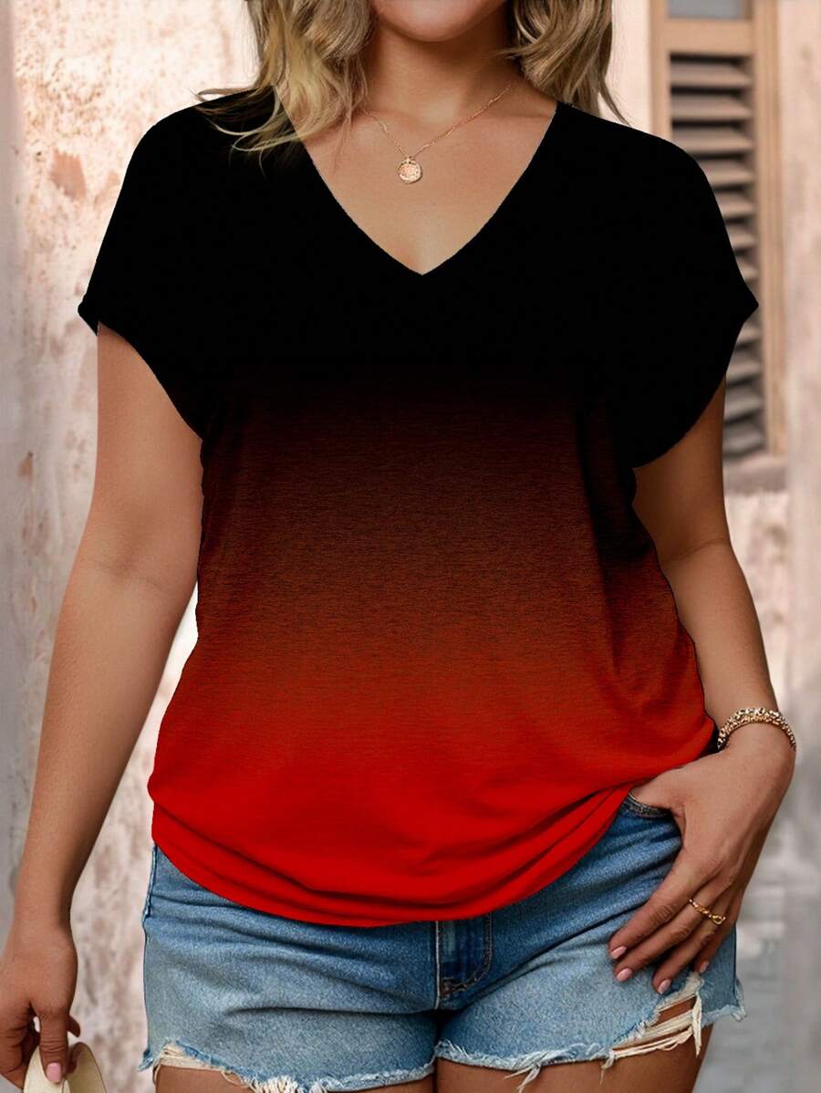 SHEIN LUNE 大码女式渐变色 V 领短袖休闲 T 恤，夏季