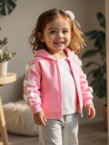 SHEIN Playful Pals Aby Girl Spring&Autumn Casual Style Toddler Jacket Long Sleeve Bowknot Decoration Hooded Top