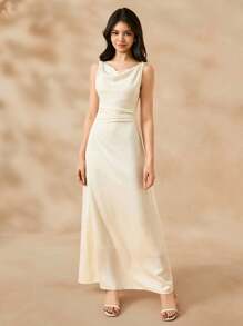 SHEIN Teen Girl Adolescent Elegant Wedding Flower Girl Dress, Champagne Satin Tank Dress For Big Girls, Luxurious Fashion Slit Fishtail Princess Dress For Youth - Apricot - View 7