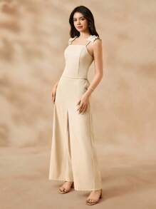 SHEIN Conjunto elegante y minimalista de top tipo camiseta ajustada y pantalones anchos de pierna ancha de talle alto en color caqui para adultos jóvenes - Caqui - Ver 8