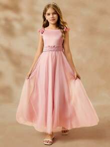 SHEIN 少女缎面和网眼花卉贴花吊带连衣裙，婚礼花童，生日派对，鸡尾酒会 - 粉色 - 查看 5