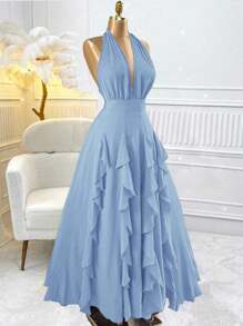 Rafferiza 女式红色波西米亚风浪漫优雅婚礼宾客毕业生日礼服晚装海滩太阳裙西方服装演唱会服装假日旅行 V 领 2025 春夏新款宽松休闲吊带随机免费肩带原创设计多层荷叶边蝴蝶结长款连衣裙 - 藍色 - 查看 3