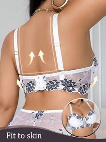 SHEIN 1pc Women Plus Size Lace Underwire Bra With Removable Shoulder Straps, Lift - Black and White - View 2
