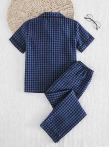 2 piezas Conjunto de chándal de niña con top de cárdigan y pantalones con bordado de dibujos animados, de tejido premium, color azul marino, ropa de dormir/de estar en casa