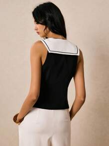 Poéselle Women's Casual Chic Slim Fit Contrast Color Collar Sleeveless Top, Business Casual Tops Women, Black And White Top, Office Tops Women - Black - View 2