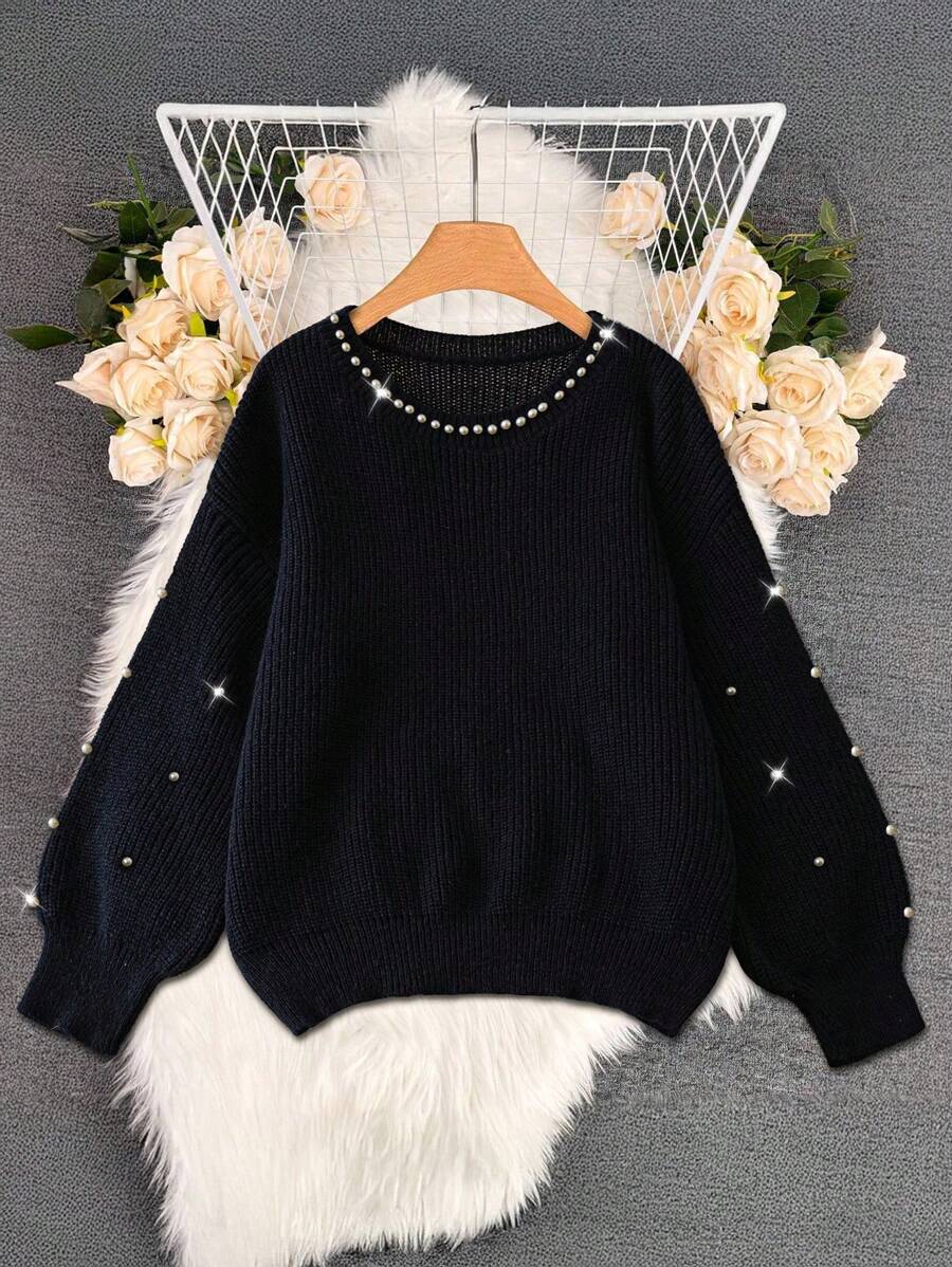 DreamSkyne 女士纯色珍珠圆领休闲针织套头衫 - 藏蓝色 - 查看 1