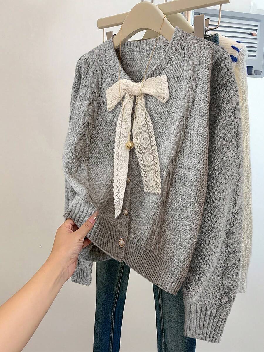 SHEIN Clasi Áo len cardigan buộc cổ tròn thường ngày cho nữ - Xám - Xem 1