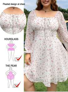 SHEIN EZwear Plus Size Front Drawstring Long Sleeve Woven Fitted Dress For Autumn/Winter - White - View 1