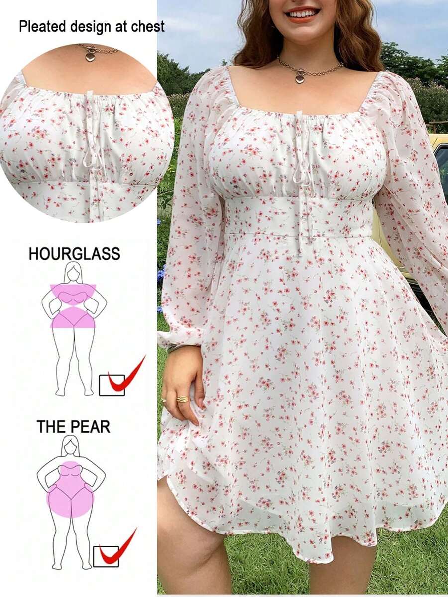 SHEIN EZwear Plus Size Front Drawstring Long Sleeve Woven Fitted Dress For Autumn/Winter - White - View 1