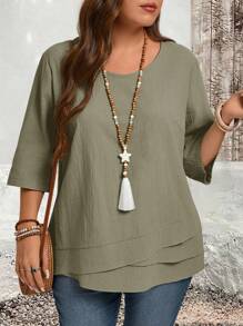 EMERY ROSE Plus Size Asymmetric Hem Green Country Shirts Fall Clothes,Teacher Shirts - Olive Green - View 1