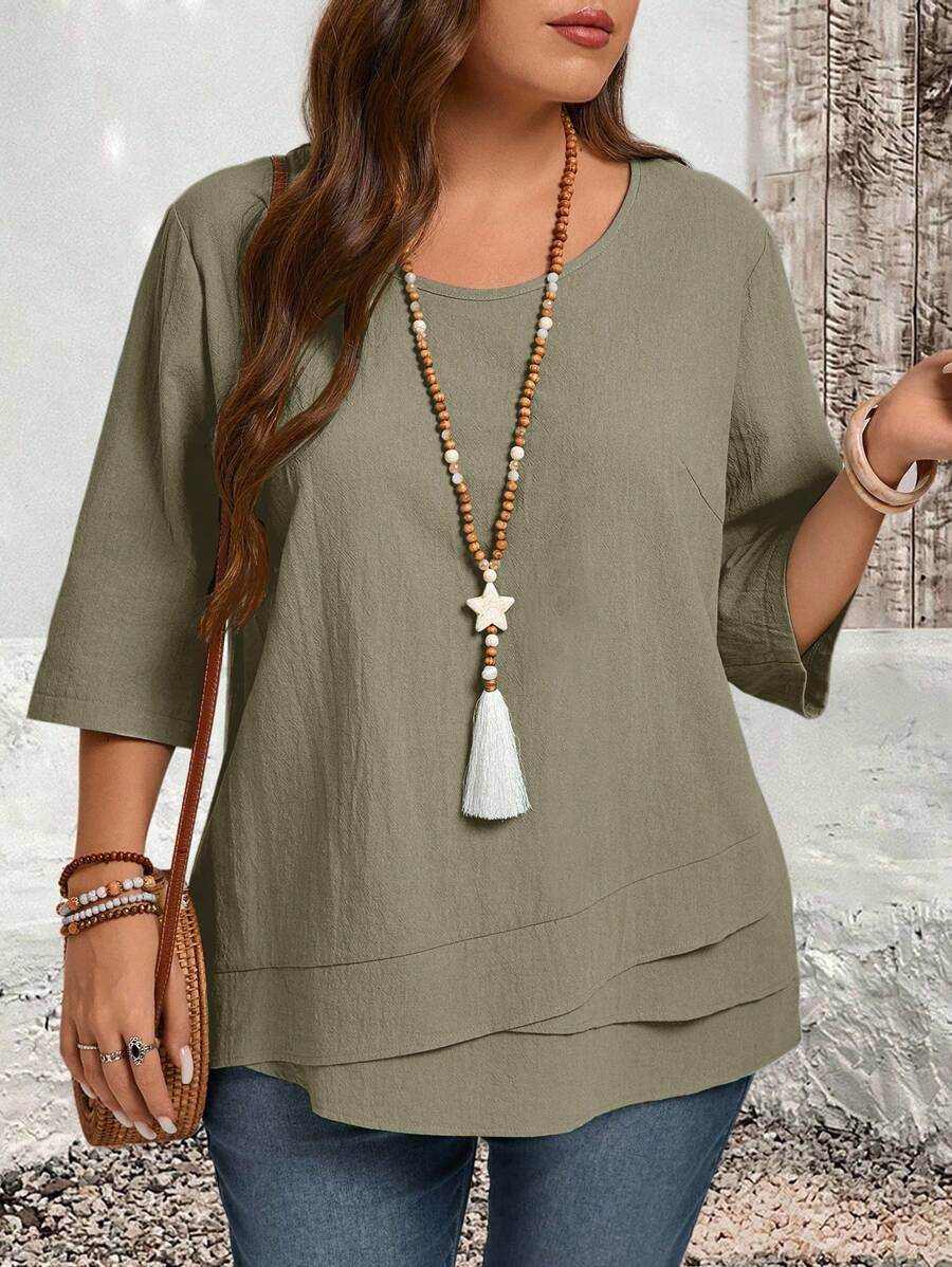 EMERY ROSE Plus Size Asymmetric Hem Green Country Shirts Fall Clothes,Teacher Shirts - Olive Green - View 1