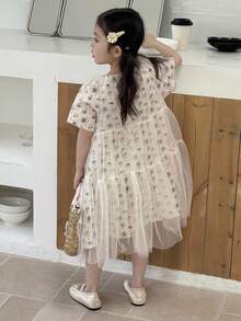 Dazy Kids 年轻女孩碎花撞色网眼荷叶边派对连衣裙 - 黑與白 - 查看 2