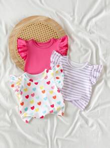 SHEIN Playful Pals Baby Girl 3pcs Set Colorful Heart Striped Ruffle Trim Crew Neck Pullover T-Shirts, Soft & Casual, Cute Spring/Summer New Arrival - Multicolor - View 1