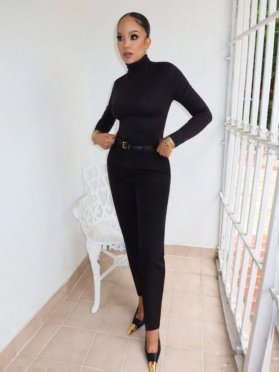 Melissa Matos HIGH NECK FORM FITTED TEE - Black - View 1