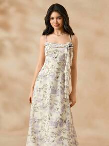 SHEIN 少女优雅碎花雪纺连衣裙，适合婚礼、舞会、正式活动的花童礼服，女童公主派对礼服 - 杏色 - 查看 5