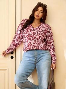 Elaquor Damen Große Größen Floral V-Ausschnitt Langarm Lässig Loose Pullover - Pink - Übersicht 6