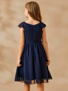 Girls Elegant Minimalist Scoop Neck Sleeveless High Waist Short Chiffon Floral Dress, Navy Blue