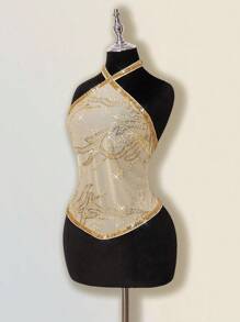 SHEIN ICON 女士金色串珠吊带亮片刺绣背心 - 金色 - 查看 4