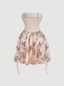 SHEIN MOD Vestido mini con decoración de lentejuelas sin tirantes, color champán