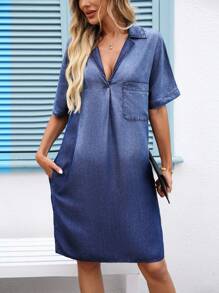 EMERY ROSE Women's Loose Lapel Collar Pocket Casual Short Sleeve Dress - Dark Wash - View 8