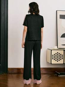 Moireta Eleganter & bequemer zweifarbiger Spitze Patchwork Damen Pyjama-Set