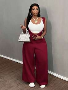 Slaydiva Casual Solid Color Wide Leg Drawstrings, Fashionable Sleeveless Jumpsuit - Burgundy - View 5