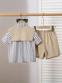 Souflis Souflis Conjunto de 3 piezas para niño pequeño: camiseta de manga corta con estampado de rayas + chal + pantalones cortos de cintura elástica