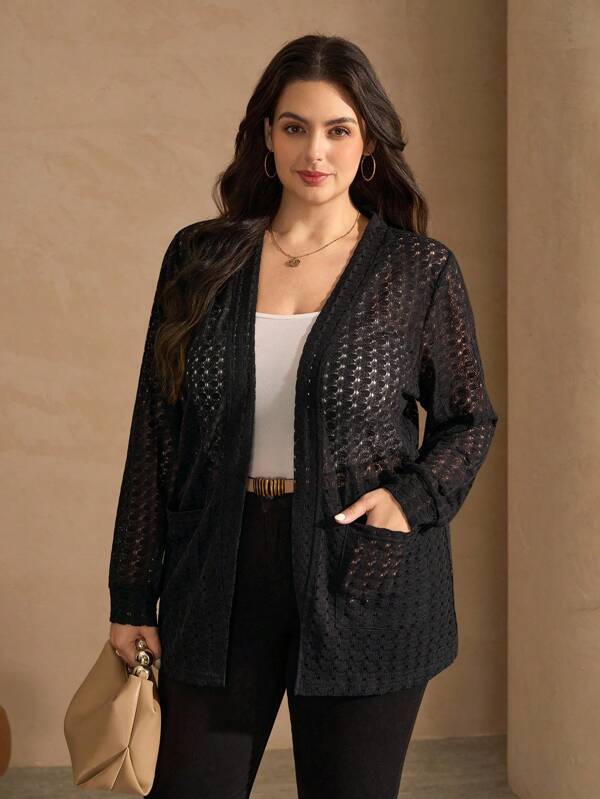 SHEIN Clasi Cardigan tricotat cu scobituri, culoare solidă, mărime plus, casual, pentru navetiști
