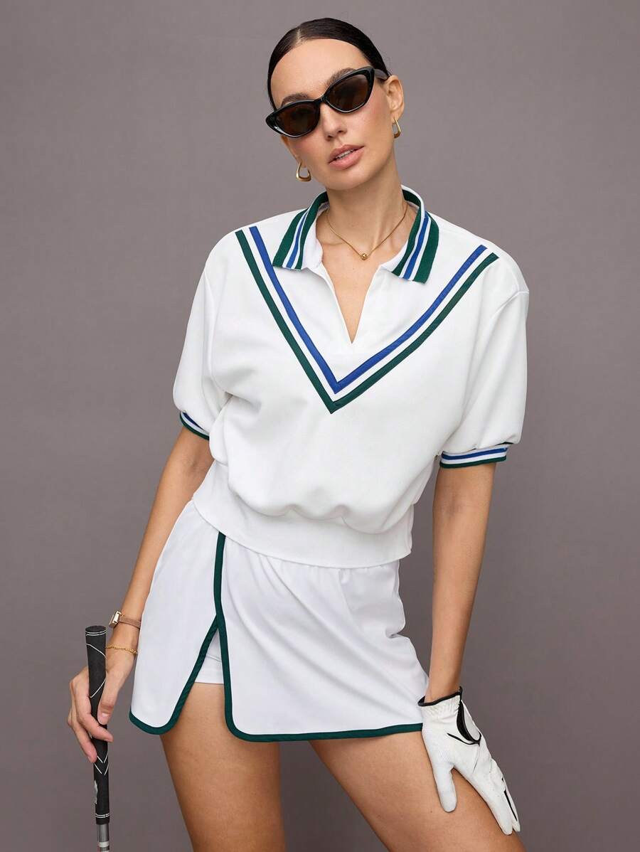 Activina 女士条纹短款泡泡袖休闲运动 Polo 衫