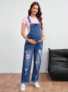 SHEIN 孕妇花卉刺绣口袋休闲牛仔背带裤