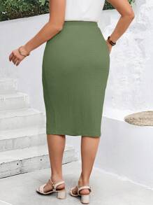 EMERY ROSE Elegant Plus Size Green Knitted Skirt With Knee-Length Split For Casual Chic - Green - View 2