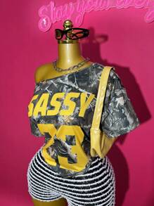 Slaydiva 2025 Neuer Sommer Straßen Lässig Zweig Muster & Buchstaben Muster asymmetrischer Ausschnitt anliegendes kurzes Damen T-Shirt, Musikfestival, Abschluss, Urlaub, Strand, tägliche Reise, Feiertagsparty, Schulanfang, Club, Straße, Schulterfrei, Hot Girl-B - Verschiedenfarbig - Übersicht 10