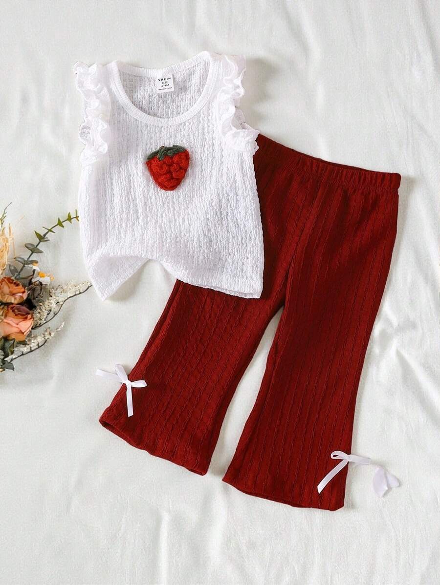 SHEIN Vintaside Kids Baby Girl Summer New Set Cartoon Strawberry Print Sleeveless Top + Pink Solid Flared Pants - Red - View 1