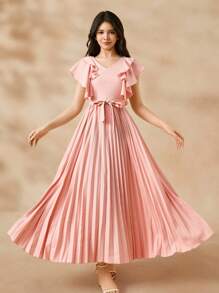 Elegant Ruffled Hem Patchwork Teen Girls' Short Sleeve Round Neck Wedding Party Dress - Pink - View 4
