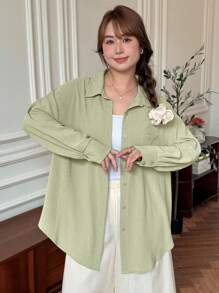 SHEIN LUNE Plus Size Casual Solid Color Backless Shirt School Clothes Back Butterfly Strap Office Outfits For Women Green Shirt