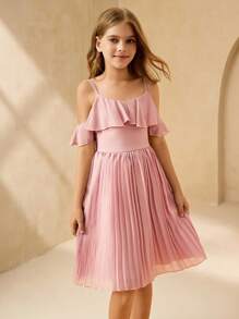 SHEIN 女童优雅露肩荷叶边高腰短款雪纺褶皱连衣裙，粉色，飘逸