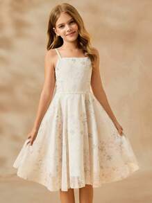 SHEIN Tween Girl Elegant Floral Print Cami Dress, Sleeveless High Waist Chiffon Dress For Summer, Apricot