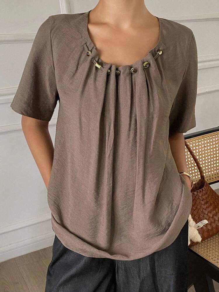Women's Solid Color Round Neck Ruched Summer Casual Short Sleeve Blouse