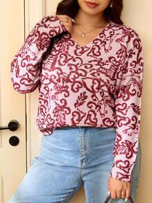 Elaquor Damen Große Größen Floral V-Ausschnitt Langarm Lässig Loose Pullover - Pink - Übersicht 4