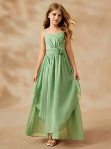 SHEIN Vestido formal elegante de flores para niña preadolescente, vestido de princesa de gasa verde con tirantes de espagueti y decoración floral 3D para vestido de dama de honor preadolescente, vestido de dama de honor junior verde salvia - Verde - Ver 4