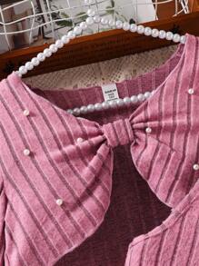 2pcs Girls' Casual Outfit, Pearl Embellished Long Sleeve Top And A-Line Halter Neck Dress, Elegant Outerwear For Spring Autumn, School, Campus, College Fall Winter - Coral Pink - View 5