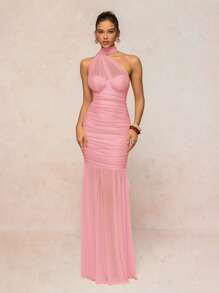 Lumalex Váy dài nữ có khăn quàng cổ, lưới mỏng, ngực nhún, chân váy bồng bềnh - Hồng - Xem 5