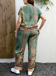 EMERY ROSE 大码女装夏季两件套女士优雅复古欧式花卉复古图案圆领短袖下摆抽绳设计+宽松高腰优雅复古欧式花卉图案