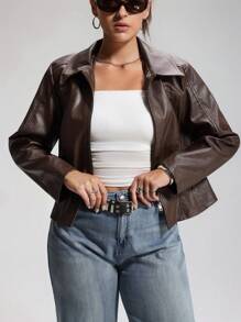 LYSMO Plus Size Casual Retro Brown Double Zipper PU Leather Jacket Brown Leather Jacket Women Winter Fall Autumn - Brown - View 5
